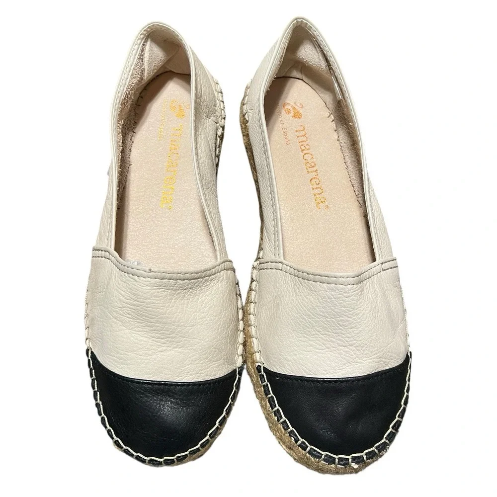 Macarena Leather Espadrille Platform Flats 39 US 9 Ivory Black Comfort Classic